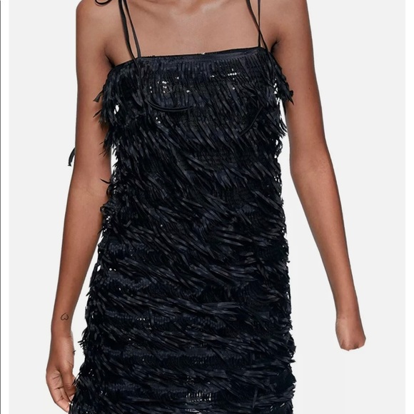 NWT ZARA Black SEQUINNED FRINGED DRESS Mini Adjustable Straps Size M 2853 - Picture 4 of 5